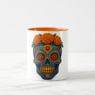 Colorful Marigold Day of the Dead Sugar Skull Two-Tone Coffee Mug