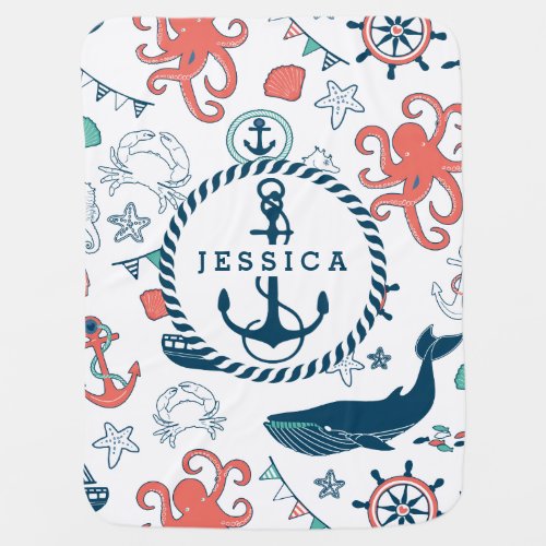 Colorful Marine Life  Nautical Boat Anchor Swaddle Blanket