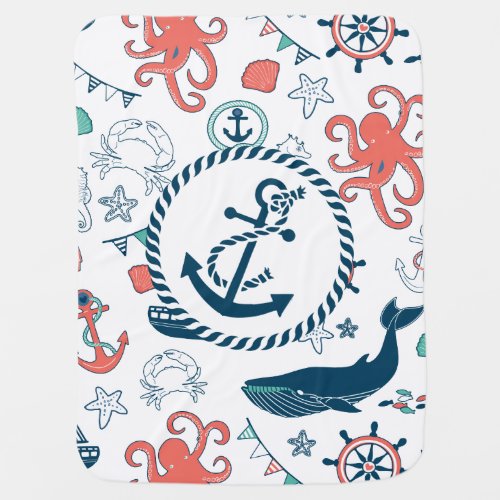 Colorful Marine Life  Nautical Boat Anchor Swaddle Blanket