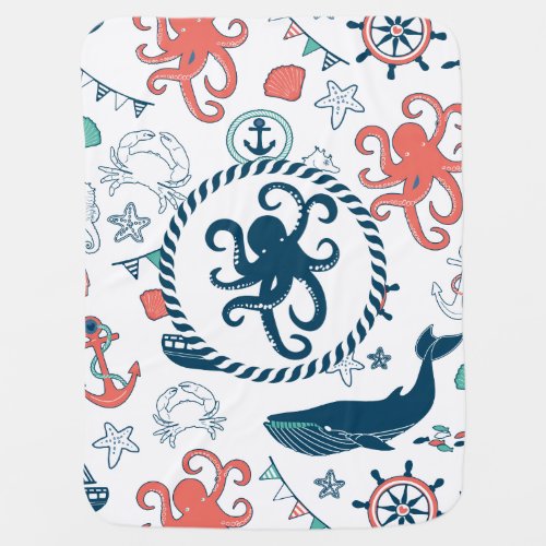 Colorful Marine Life  Nautical Octopus Stroller Blanket