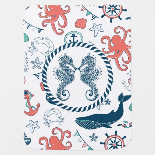 Colorful Marine Life  Nautical Seahorses 2 Baby Blanket