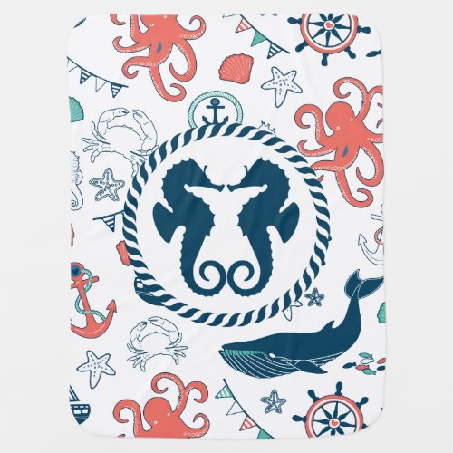 Colorful Marine Life  Nautical Seahorses Swaddle Blanket