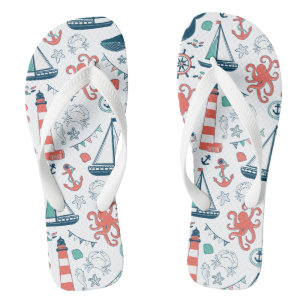 Colorful Marine Life & Nautical Symbols Pattern Flip Flops