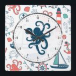 Colorful Marine Life With Cute Octopus Square Wall Clock<br><div class="desc">Cute assorted marine life mixed with nautical symbols,  seamless pattern background. Navy blue cute octopus illustration.</div>