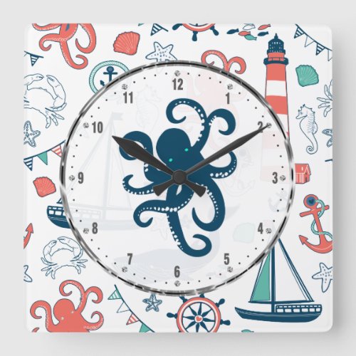 Colorful Marine Life With Cute Octopus Square Wall Clock