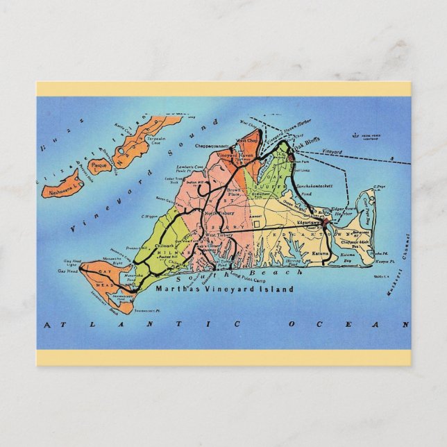 Colorful Martha's Vineyard Map  Postcard (Front)