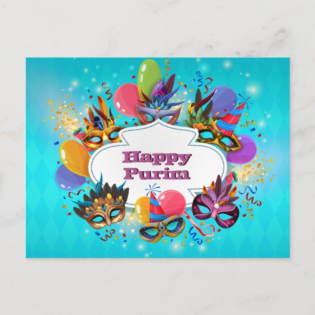 Colorful Mask Happy Purim Postcard (Front)