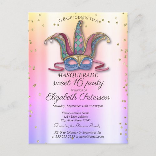 Colorful  Masque Diamonds Masquerade Sweet 16   Invitation Postcard