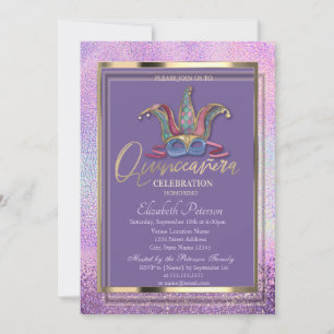 Colorful Masque Holographic Quinceañera Invitation