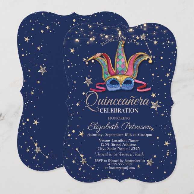 Colorful Masque Navy Blue Stars  Quinceañera Invitation (Front/Back)