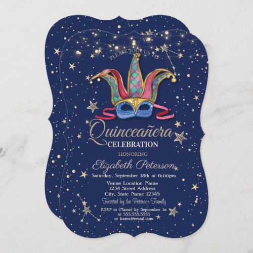 Colorful Masque Navy Blue Stars  Quinceaera Invitation