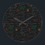 Colorful Mathematics Equations Math Formulas  Large Clock<br><div class="desc">A colorful mathematics equations and formulas pattern on a black background. An ideal design for math teachers,  mathematic enthusiasts,  scientists,  math students,  mathematics tutors,  arithmetic etc. A modern math pattern for back to school students and teachers etc.</div>