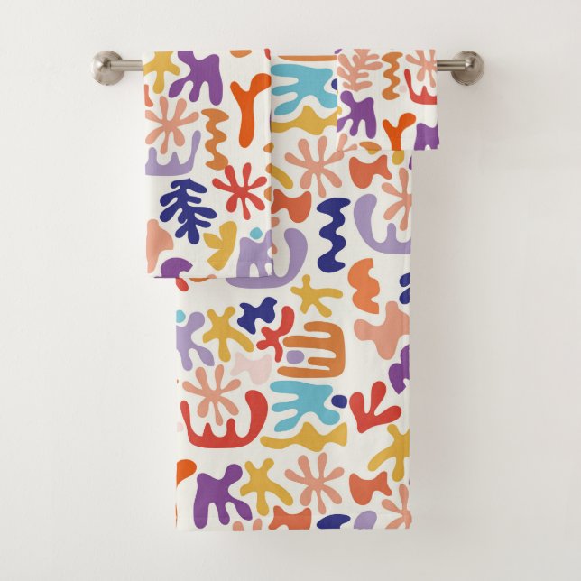 Colorful Matisse Pattern Abstract Botanical Shapes Bath Towel Set (Insitu)