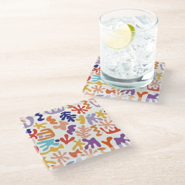 Colorful Matisse Pattern Abstract Botanical Shapes Glass Coaster (Angled)