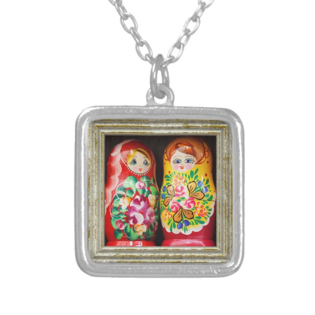 Colorful Matryoshka Dolls Silver Plated Necklace (Front)
