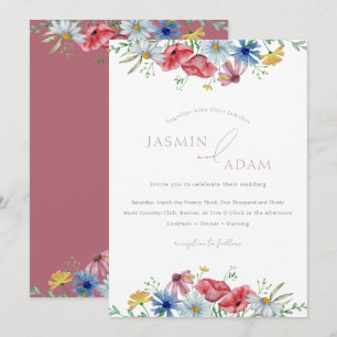 Colorful Mauve Wildflower Poppy Monogram Wedding Invitation