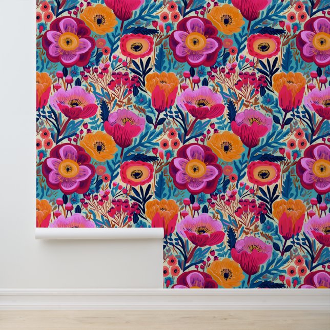 Colorful Maximalist Abstract Floral Pattern Wallpaper (Application)