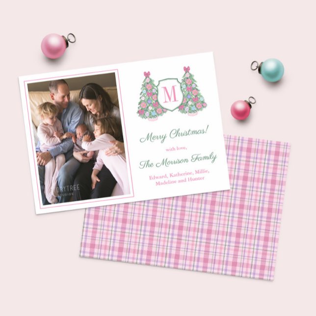 Colorful Maximalist Monogram Merry Christmas Holiday Card (Maximalist monogram Holidays tree Christmas Cards in pink, teal and purple with tartan plaid reverse)