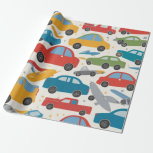 Colorful maze of toy cars wrapping paper