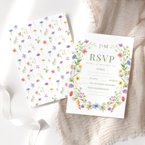 Colorful meadow floral wildflower rustic wedding RSVP card