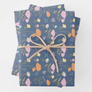 Colorful meadow on blue wrapping paper sheets