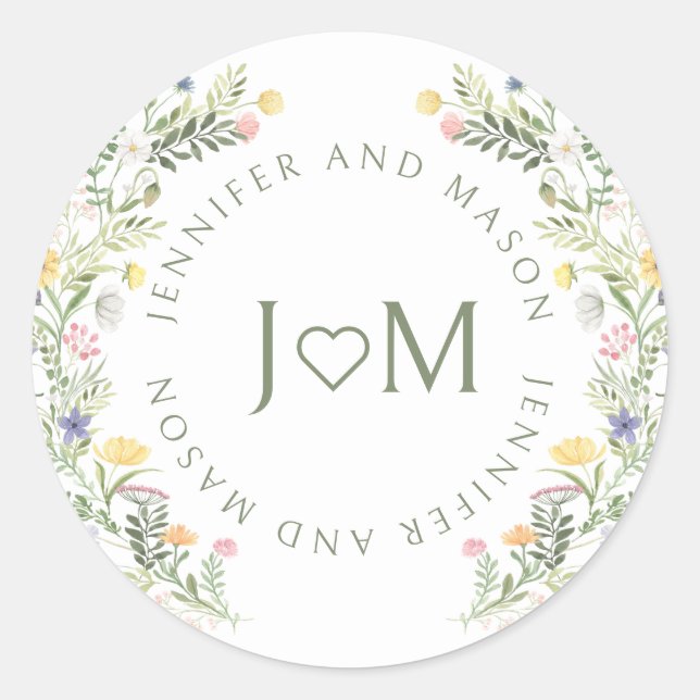 Colorful Meadow Wild Flower Wedding Monogram Classic Round Sticker (Front)
