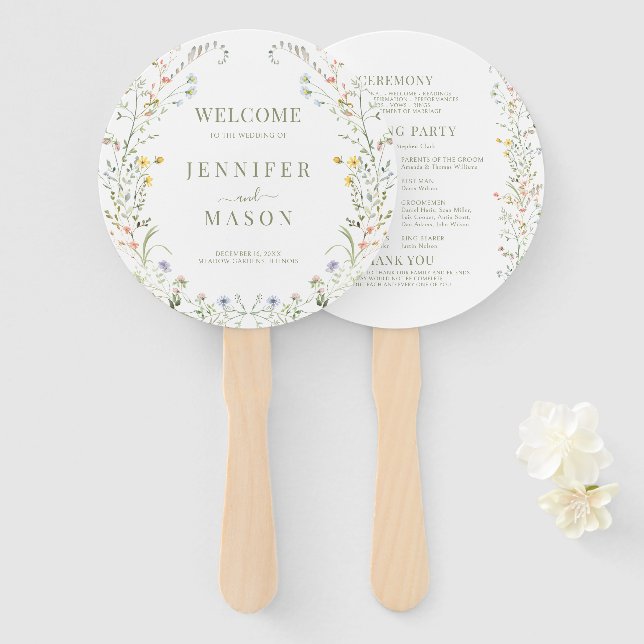 Colorful Meadow Wildflower Floral Wedding Program Hand Fan (Front and Back)