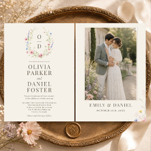 Colorful Meadow Wildflower Monogram Photo Wedding Invitation