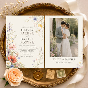 Colorful Meadow Wildflower Photo Boho Wedding Invitation