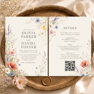 Colorful Meadow Wildflower QR Code Boho Wedding Invitation