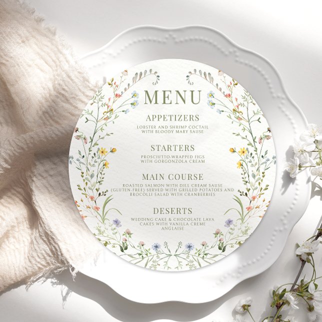Colorful Meadow Wildflower Wedding Round Flat Menu (Creator Uploaded)