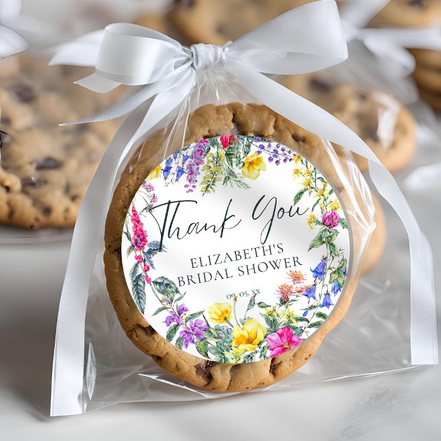 Colorful Meadow Wildflowers Floral Calligraphy Classic Round Sticker (Creator Uploaded)