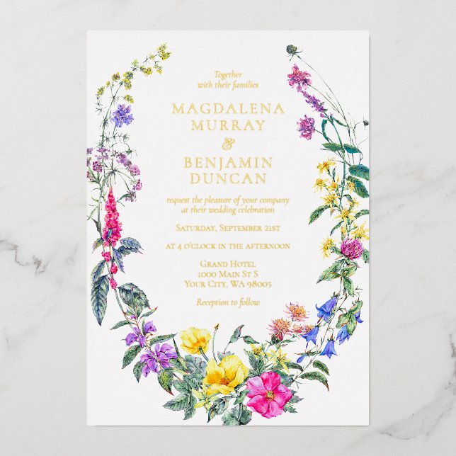 Colorful Meadow Wildflowers Herb Garden Wedding Foil Invitation (Front)