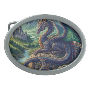 Colorful, Medieval Dragon castle Belt Buckle