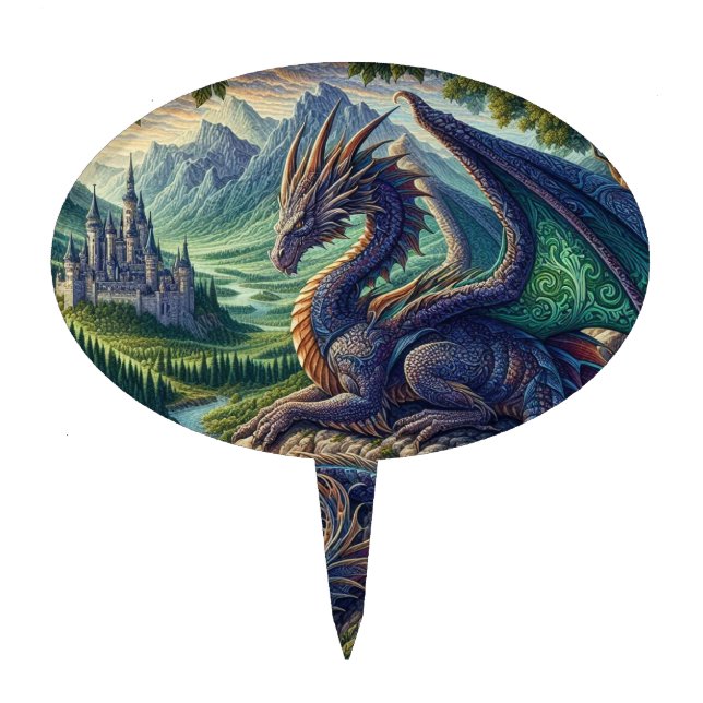 Colorful, Medieval Dragon castle Cake Topper (Front)