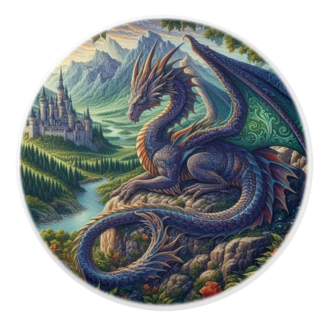 Colorful, Medieval Dragon castle Ceramic Knob (Front)