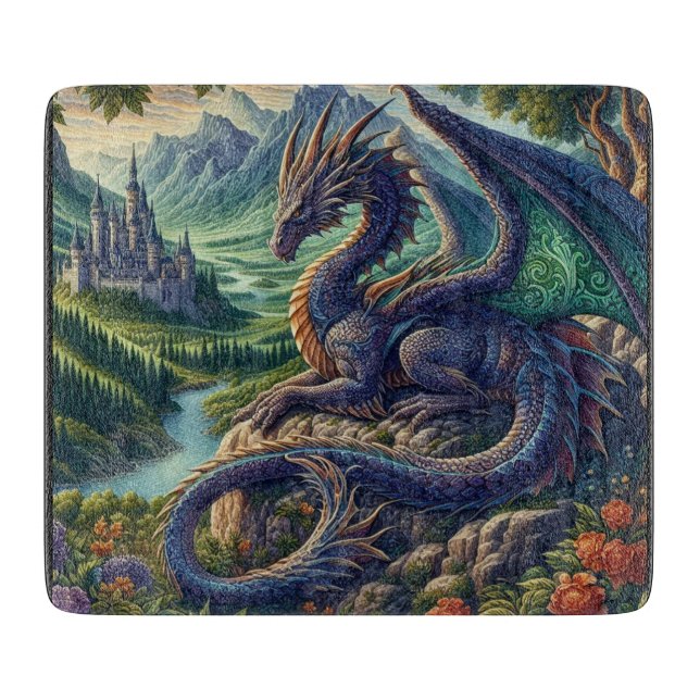 Colorful, Medieval Dragon castle Cutting Board (Front)