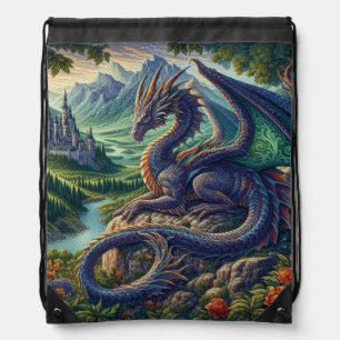 Colorful, Medieval Dragon castle Drawstring Bag