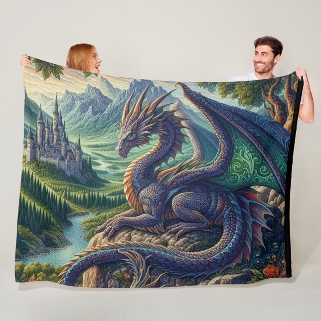 Colorful, Medieval Dragon castle Fleece Blanket (In Situ)