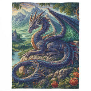 Colorful, Medieval Dragon castle Fleece Blanket