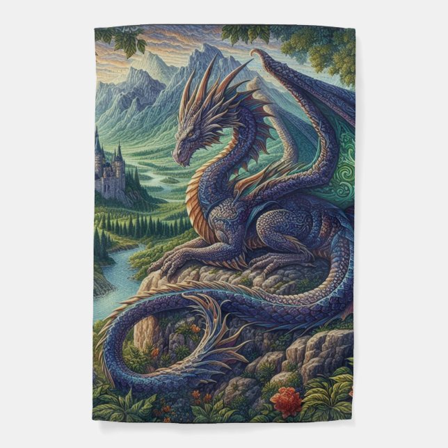 Colorful, Medieval Dragon castle Garden Flag (Front)