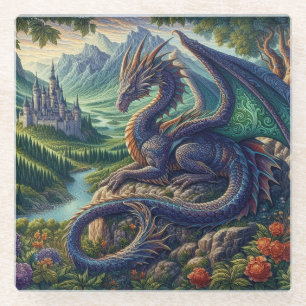 Colorful, Medieval Dragon castle Glass Coaster