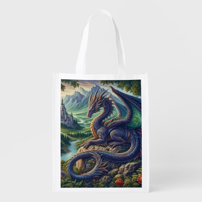 Colorful, Medieval Dragon castle Grocery Bag (Front)