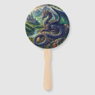 Colorful, Medieval Dragon castle Hand Fan