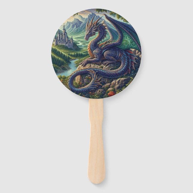 Colorful, Medieval Dragon castle Hand Fan (Front)