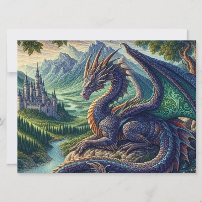 Colorful, Medieval Dragon castle Holiday Card (Front)