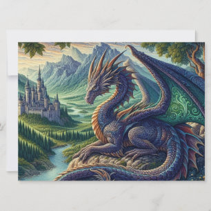 Colorful, Medieval Dragon castle Holiday Card
