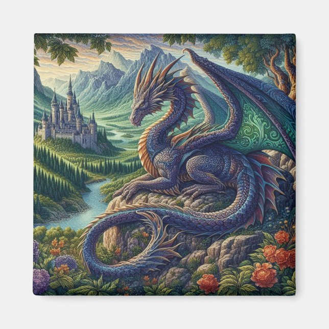 Colorful, Medieval Dragon castle Magnet (Front)