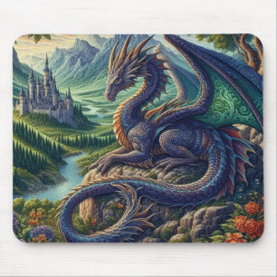 Colorful, Medieval Dragon castle Mouse Pad