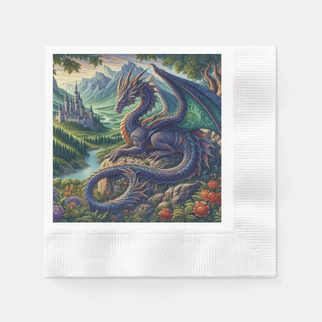 Colorful, Medieval Dragon castle Napkins (Front)